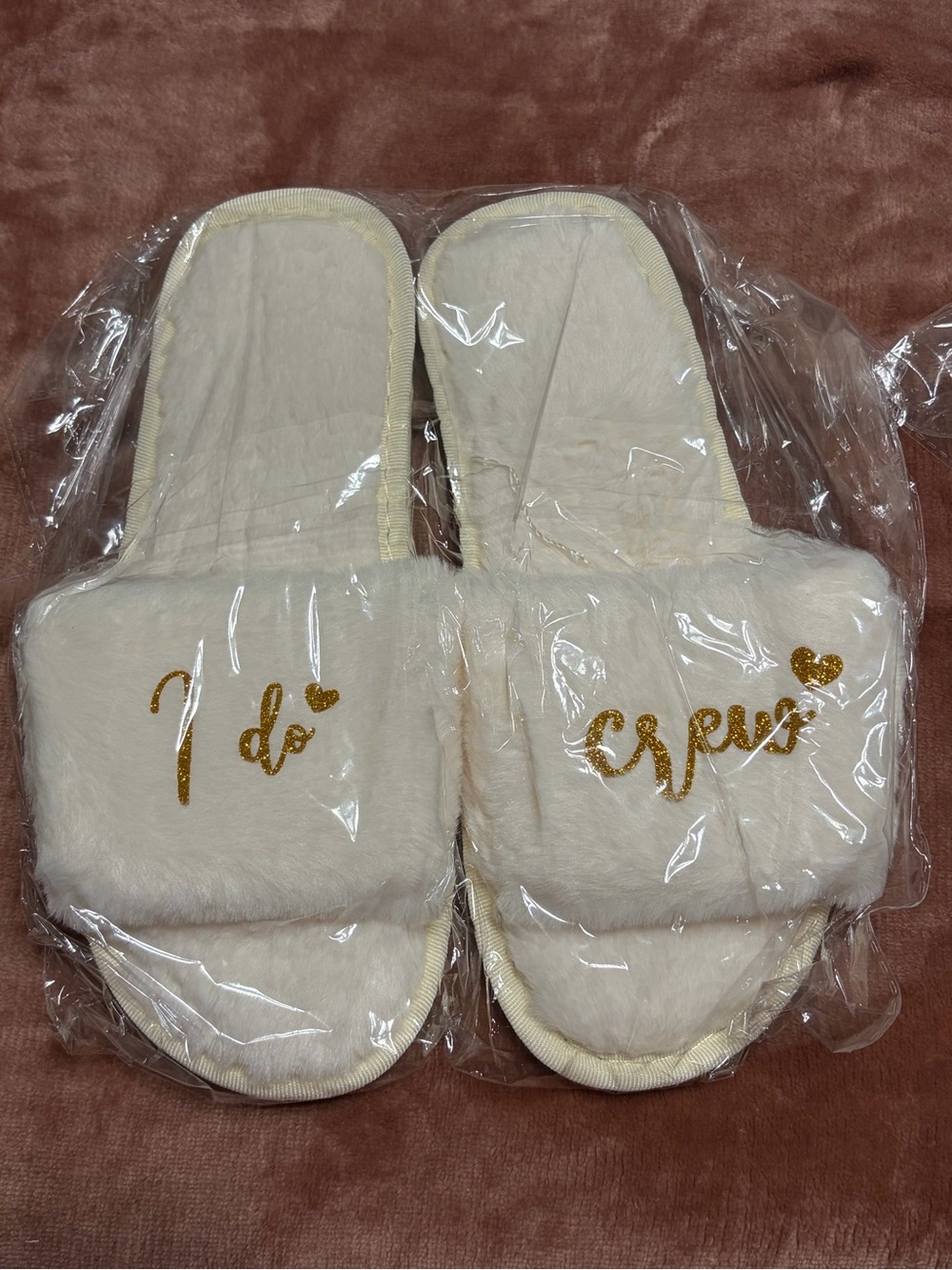 Bundle 3 pack - Bride Plush Slide Slippers in Cream with Gold Script Size 8